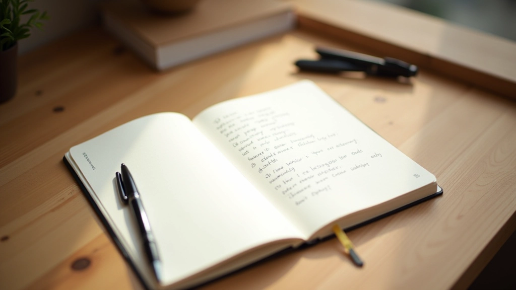 Professional notebook open with daily affirmations and goal-setting notes written out