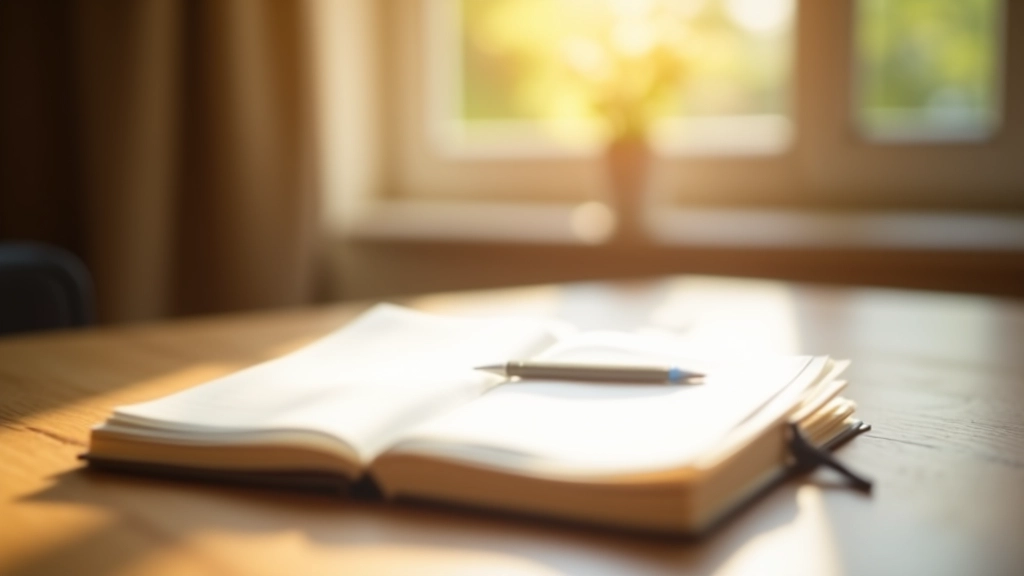 Open notebook with pen on wooden desk, morning sunlight streaming through window