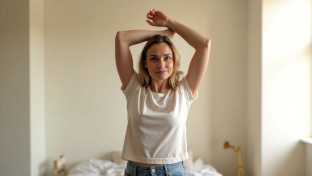 Person stretching arms upward in bright morning sunlight, confident posture, modern bedroom