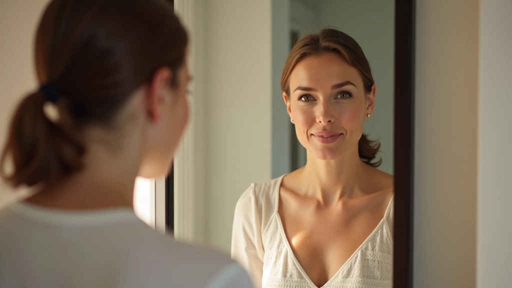 Woman looking at her reflection in mirror with confident expression, morning bathroom setting