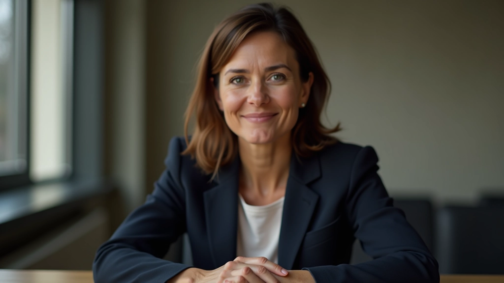 Woman in business meeting making direct eye contact with colleague across table, calm facial expression