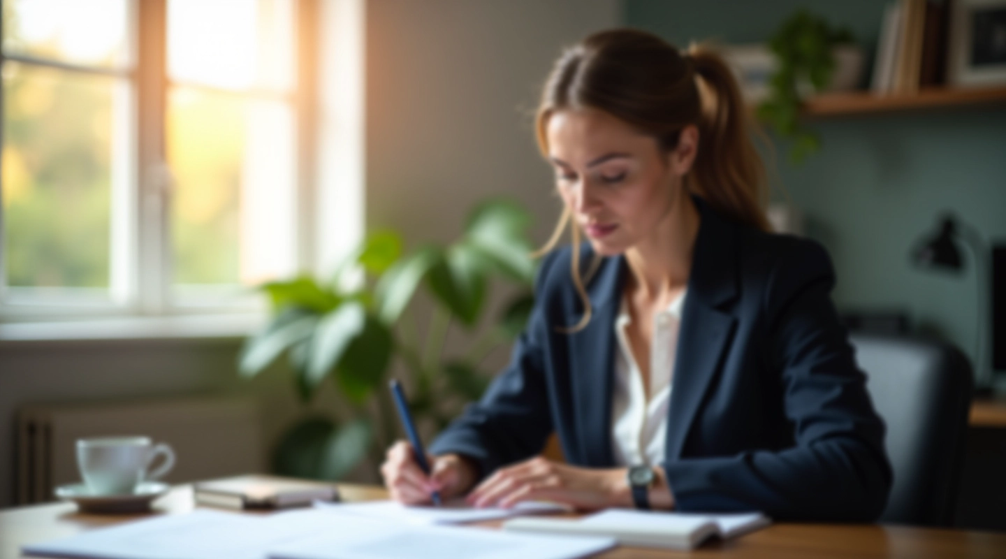 Professional woman at morning desk reviewing her goals and notes with coffee cup
