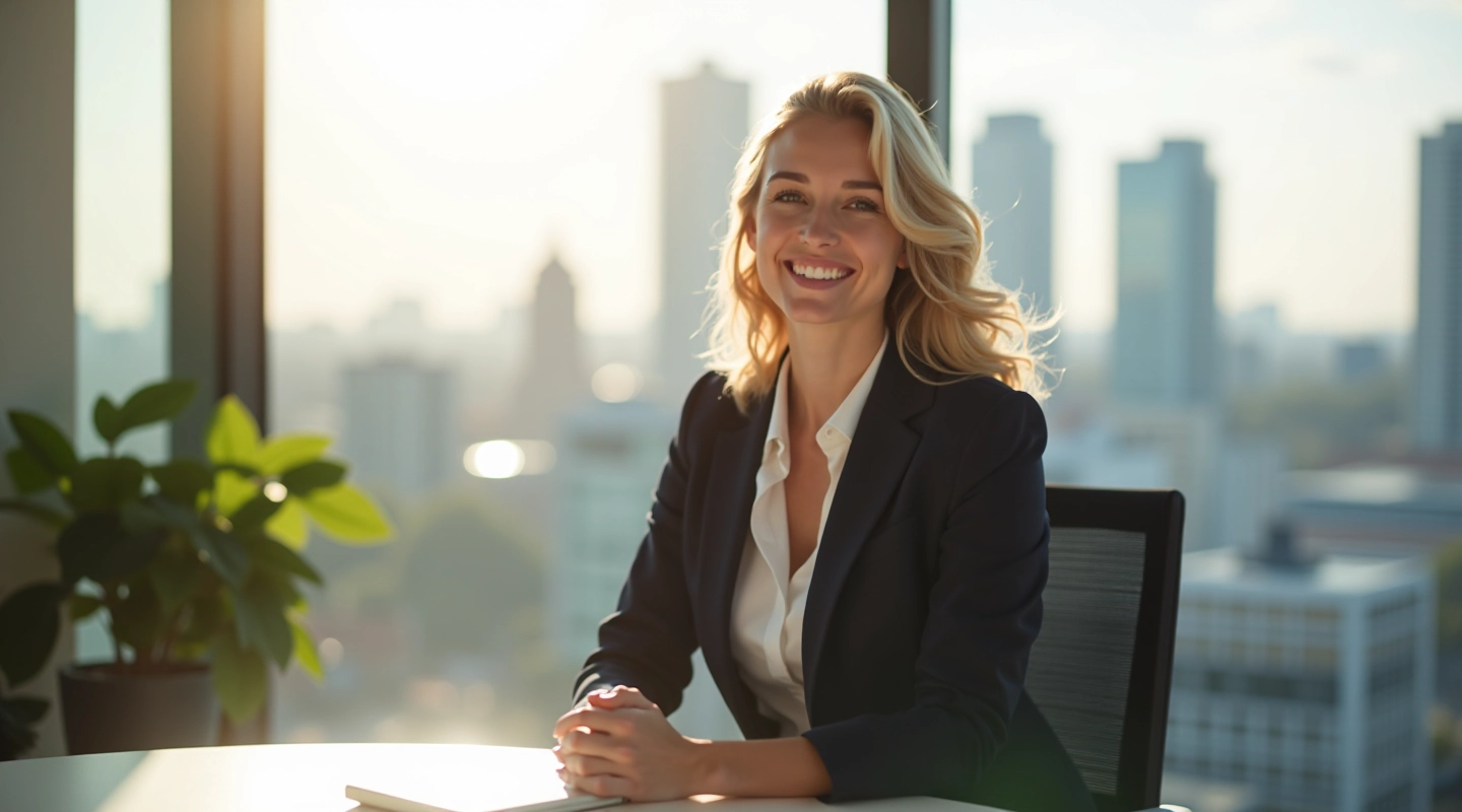 Professional woman at desk with confident posture in Dublin office, morning light